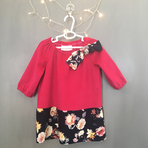Toddler Girl's Bow Dress (Cerise Pink and Blue Flowers)
