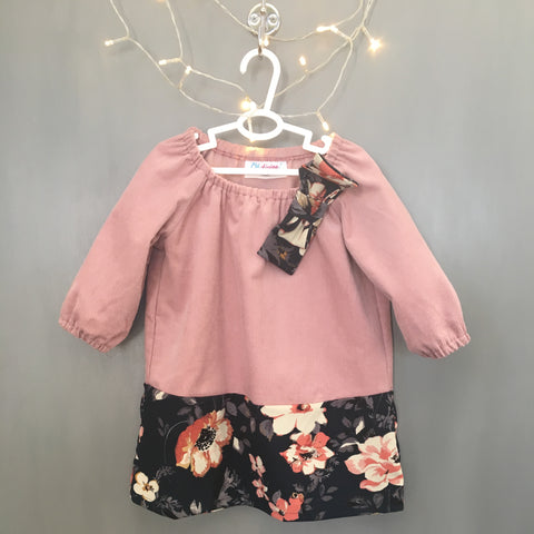 Toddler Girl's Bow Dress (Dusty Pink and Black Flowers)