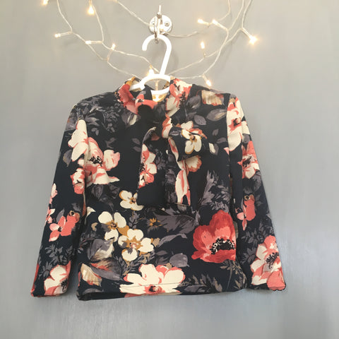 Toddler Girl's Pinafore Bubble Dress and Bow Shirt (Bright Red and Black and Pink Flowers)
