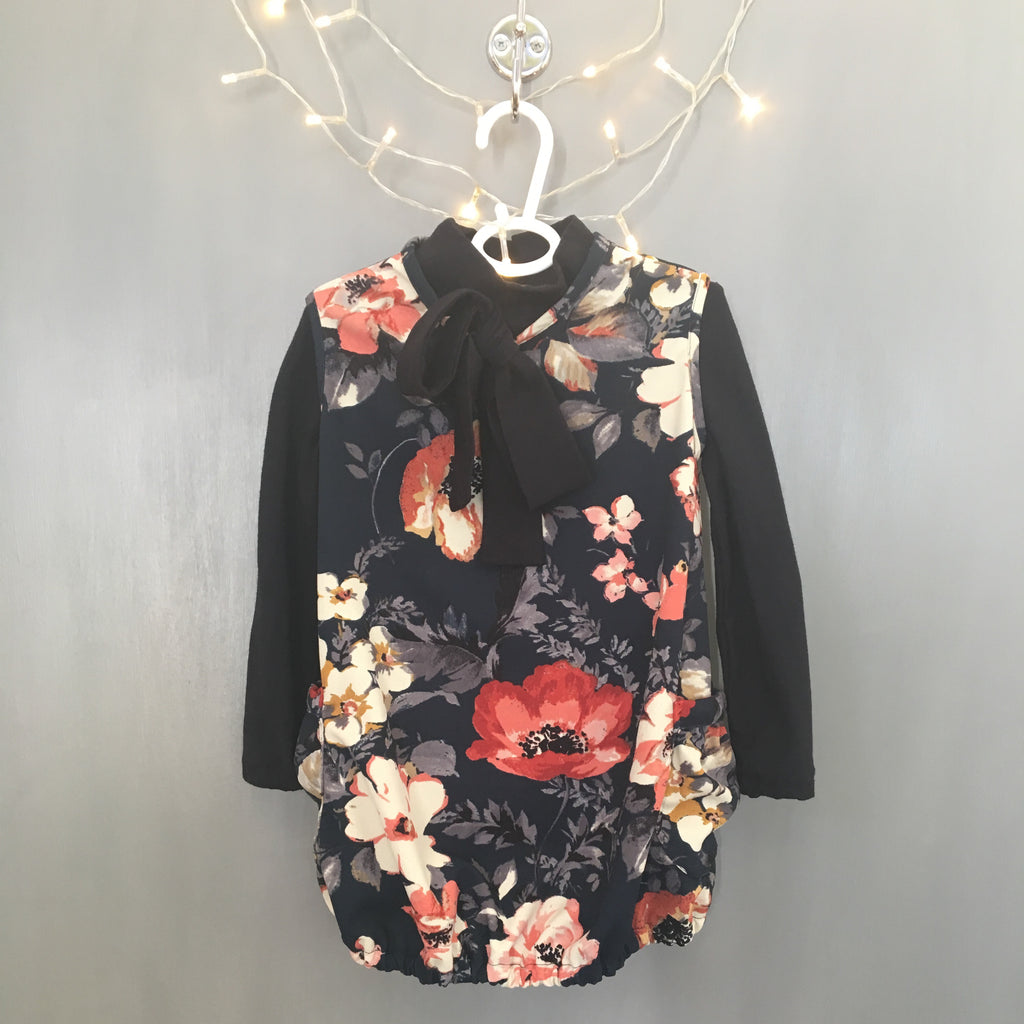 Toddler Girl's Pinafore Bubble Dress and Bow Shirt (Black and Pink Flowers)