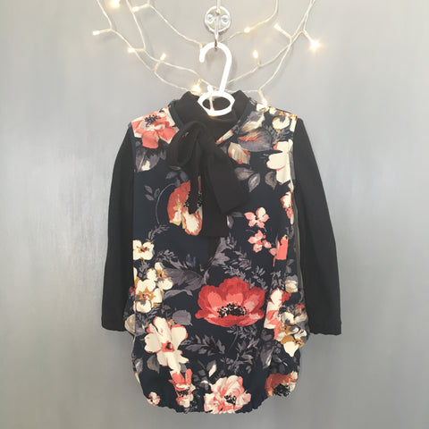 Toddler Girl's Pinafore Bubble Dress and Bow Shirt (Black and Pink Flowers)