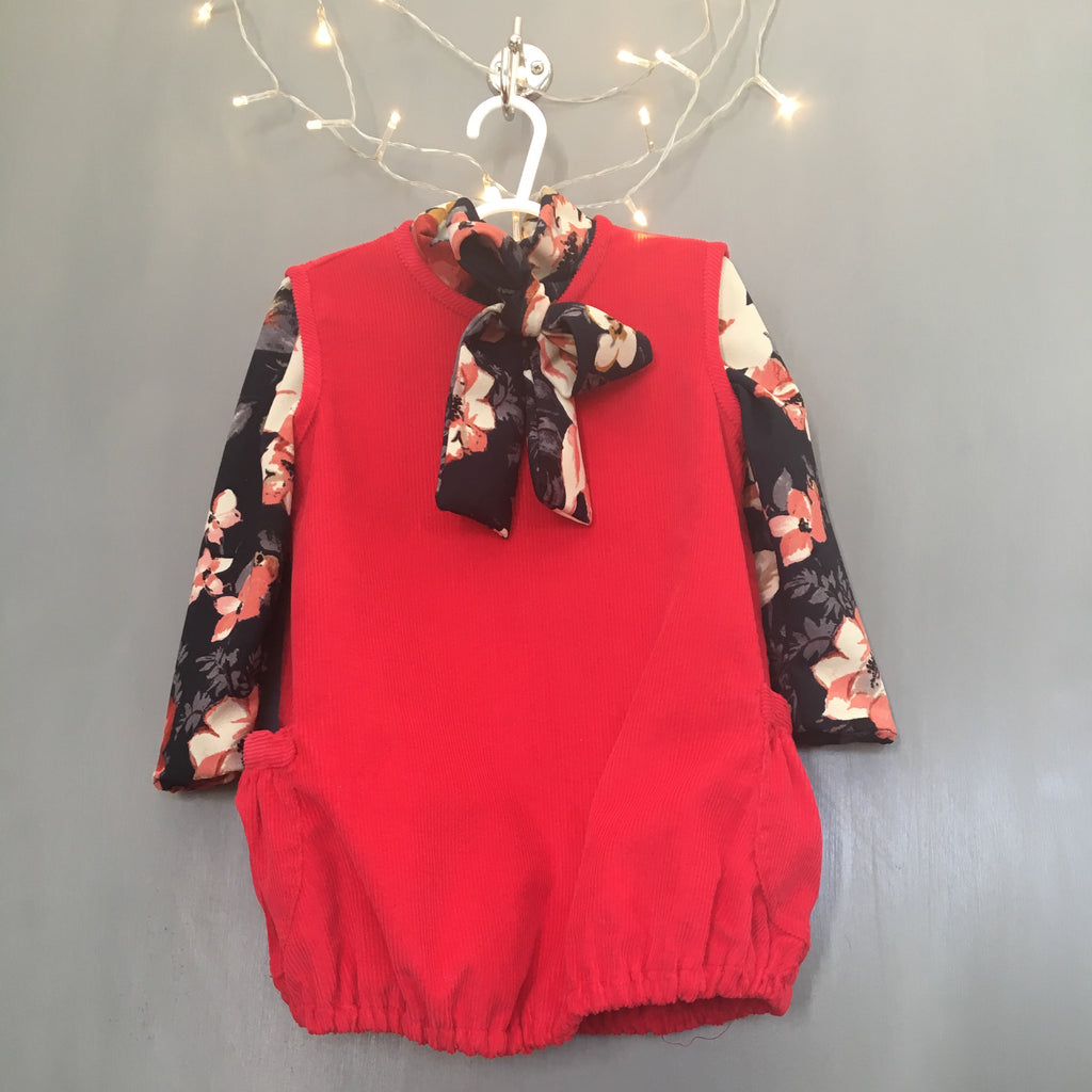 Toddler Girl's Pinafore Bubble Dress and Bow Shirt (Bright Red and Black and Pink Flowers)