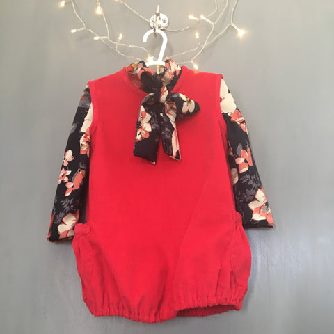 Toddler Girl's Pinafore Bubble Dress and Bow Shirt (Bright Red and Black and Pink Flowers)